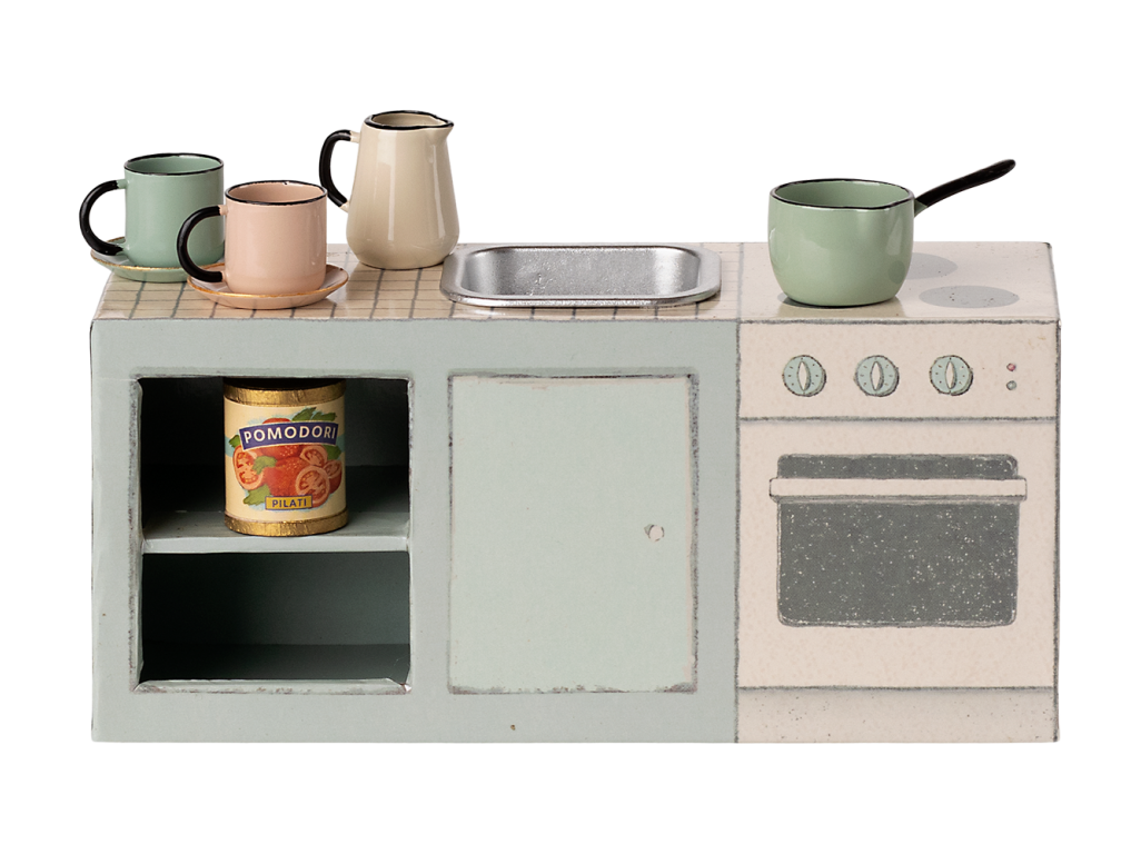 Maileg kuchynský drez pre myšky so sporákom a riadmi